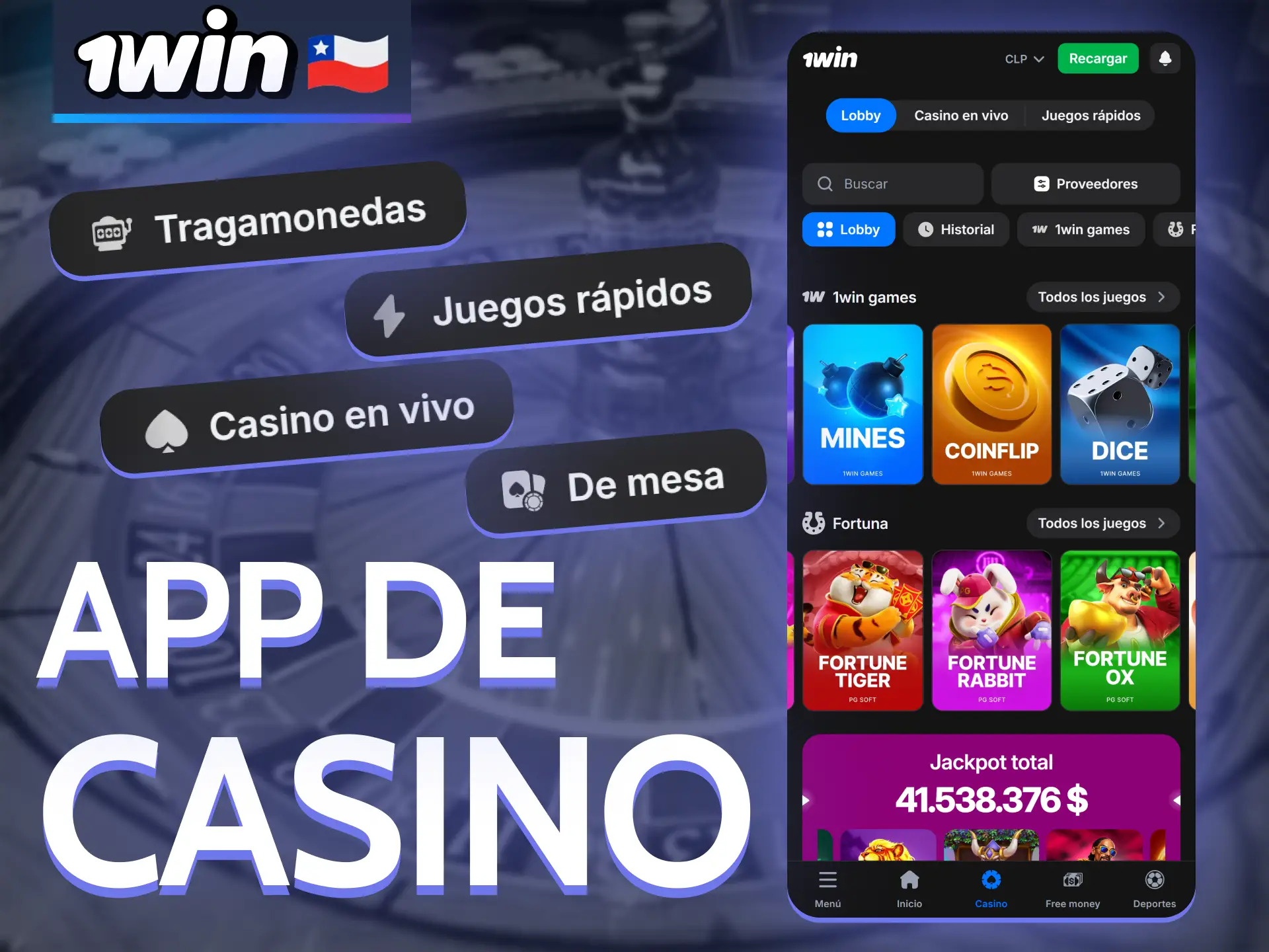 Juega a juegos de casino en la aplicación 1Win.