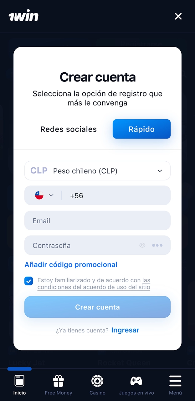 Empieza por registrarte en la plataforma 1win.