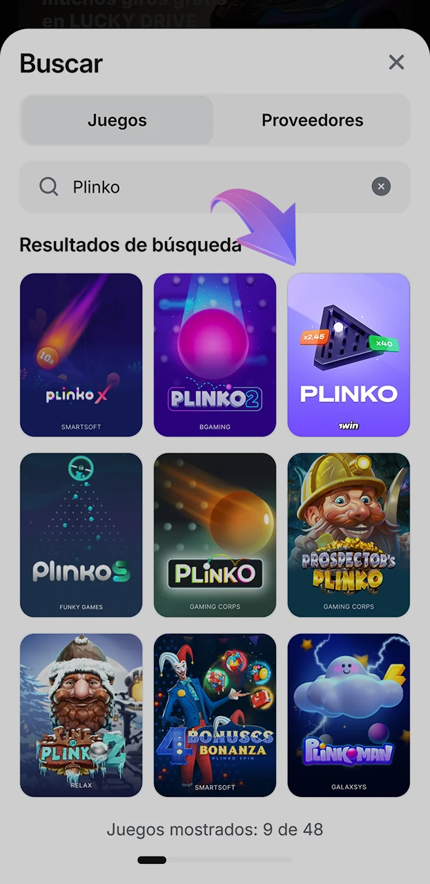 Encuentra el juego Plinko en la sección de casino de 1win.