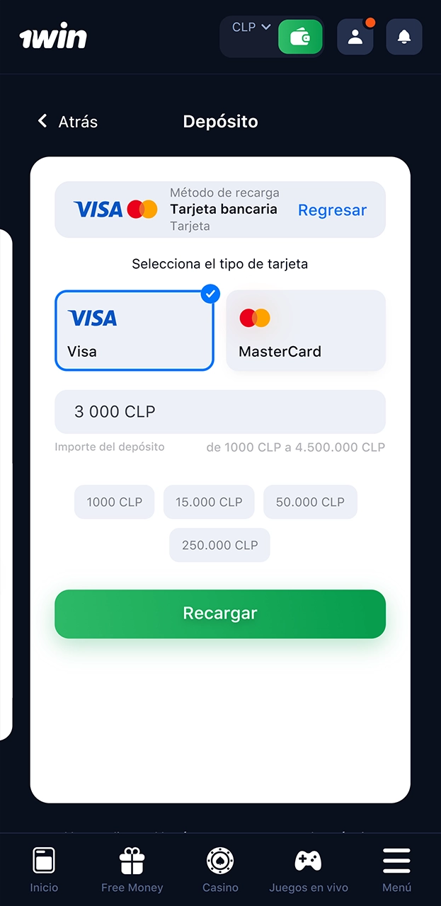 Recargue el saldo de su cuenta 1win.
