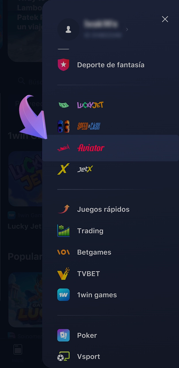 Encuentra el juego Aviator en 1win.