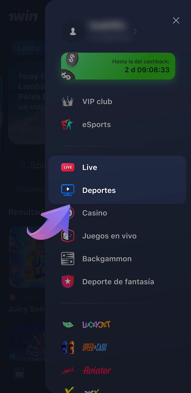 Encuentre la sección de eventos deportivos en 1win.