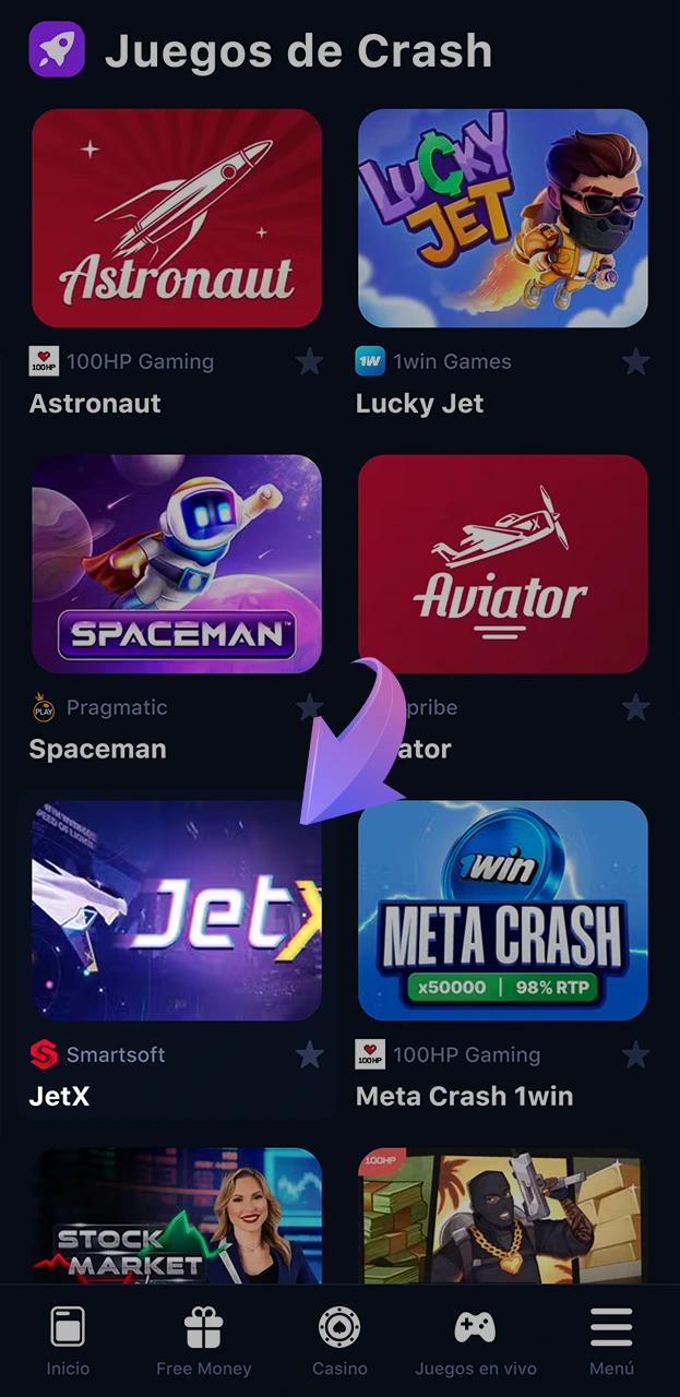 Conéctese a su cuenta 1win y busque JetX.