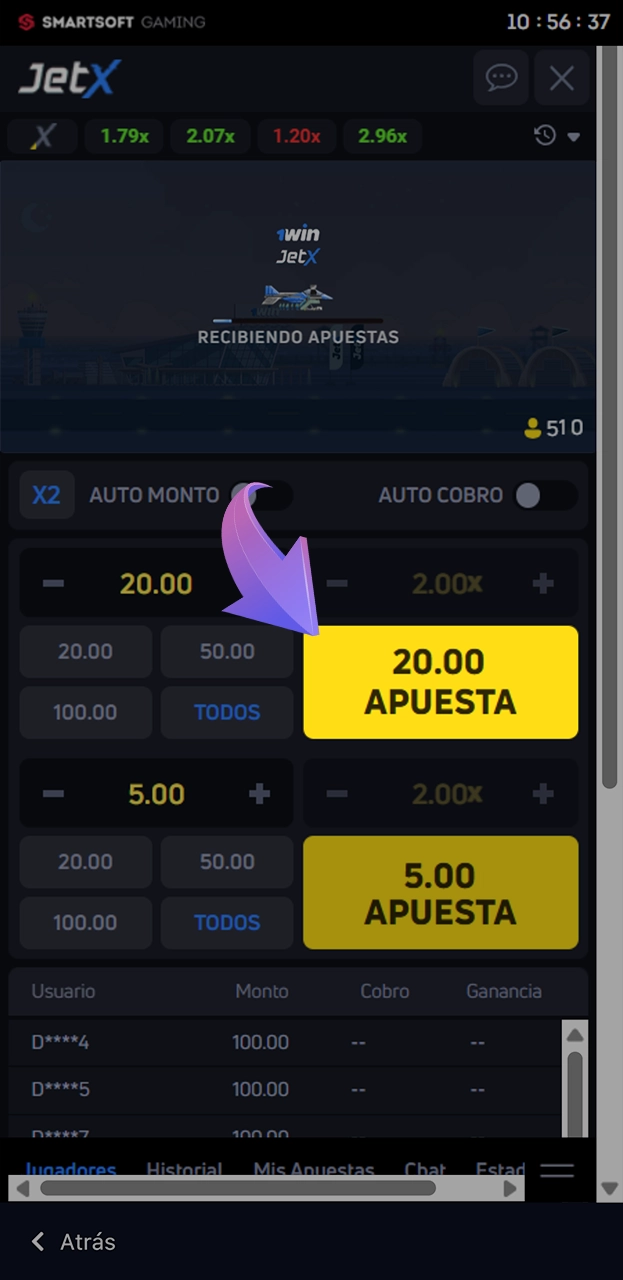 Haz una apuesta en el juego JetX en 1win.