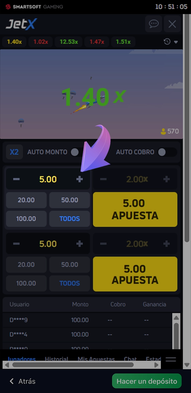 Especifique el importe de la apuesta en el juego JetX en 1win.