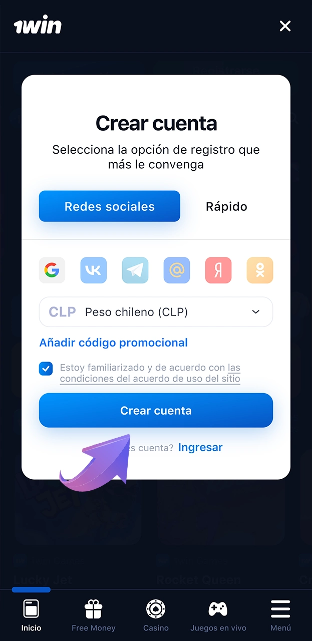 Cree una cuenta en 1win de la forma que más le convenga.