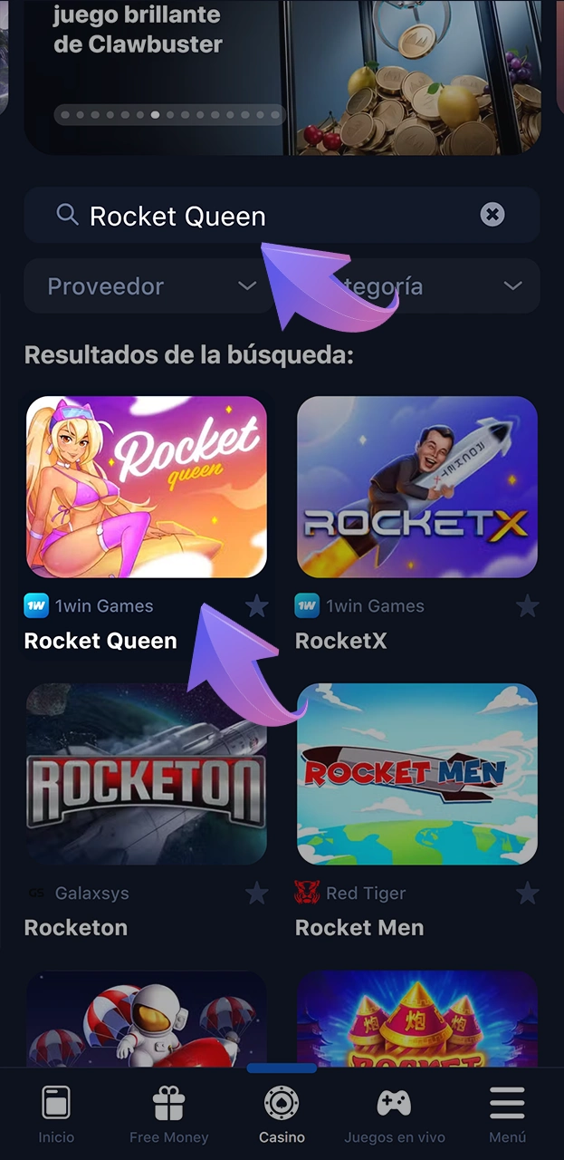 Encuentra el juego Rocket Queen en 1win.
