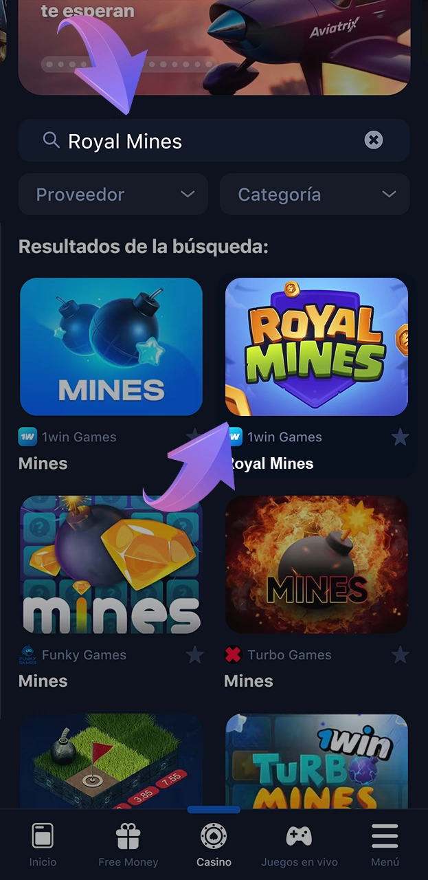 Ahora busca el juego Royal Mines en 1win.