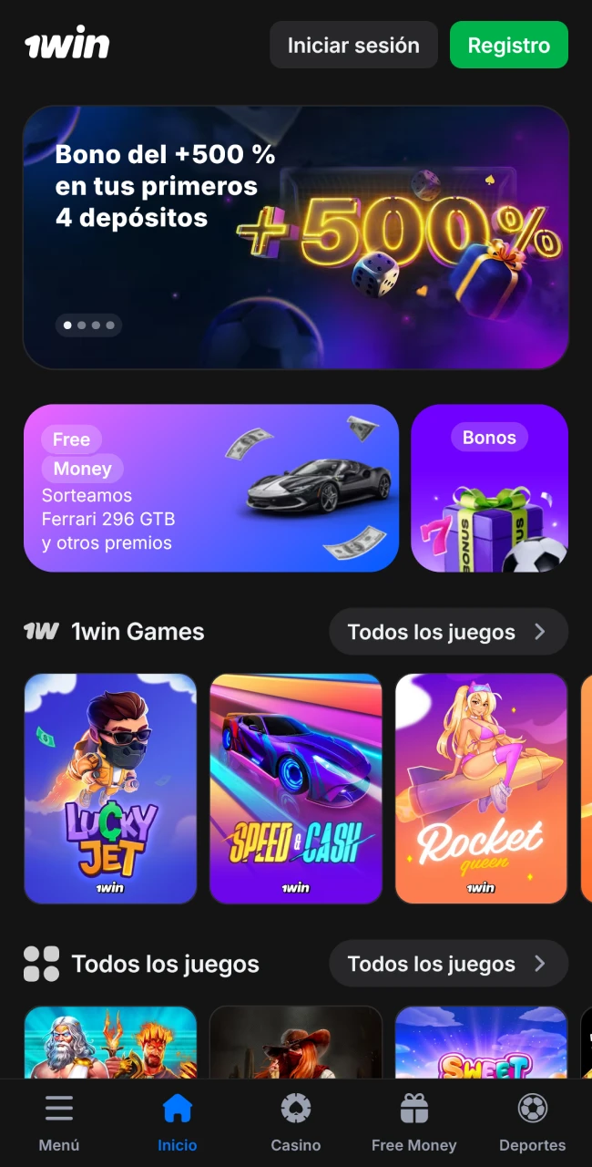 La pantalla principal de la app de 1win en el móvil es fácil de navegar.