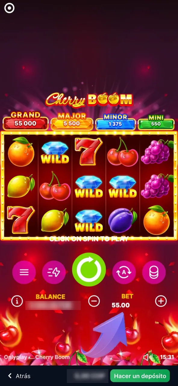 Ajusta tu apuesta en 1Win antes de girar los rodillos.