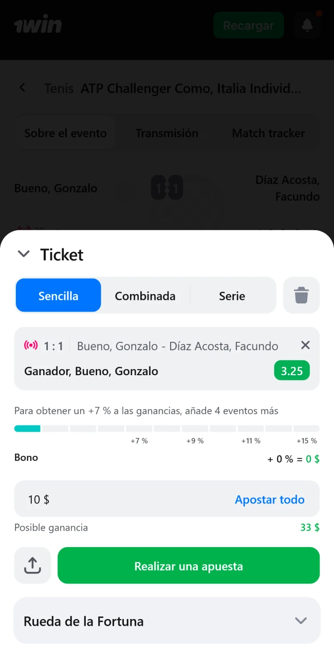 Completa y aprueba tu apuesta de tenis en 1win.