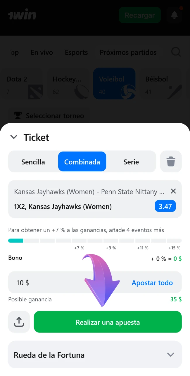 Presiona el botón para realizar tu apuesta de voleibol en 1win.